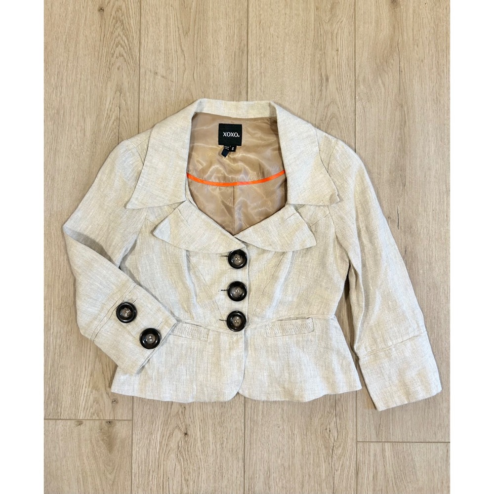 Y2K XOXO Womens Oatmeal Beige 100% Linen Cropped Peplum‎ Blazer Jacket Size S